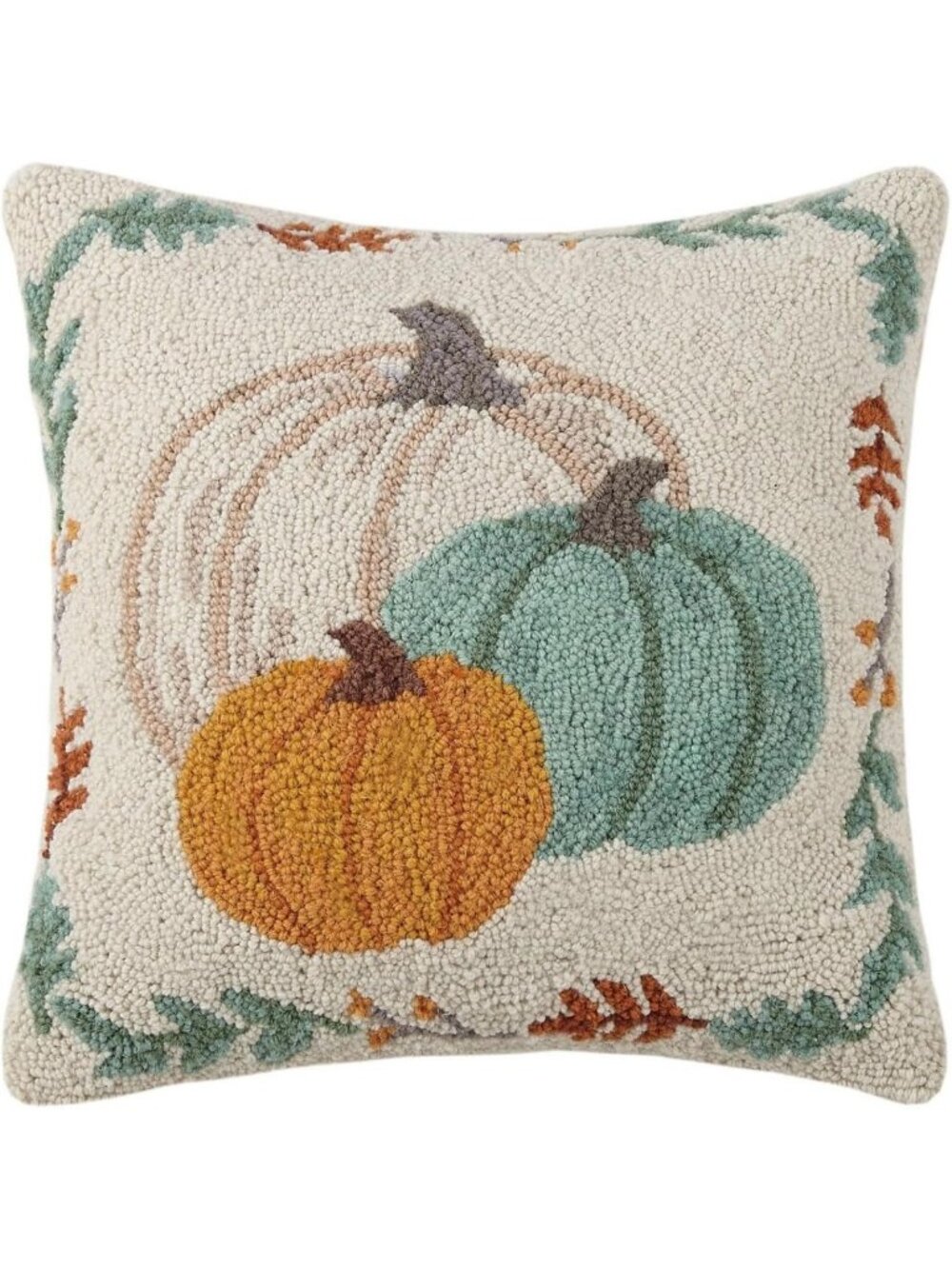 Cozy Pumpkin Trio 16" Square Hooked Wool Throw Pillow with Soft Polyfill Insert